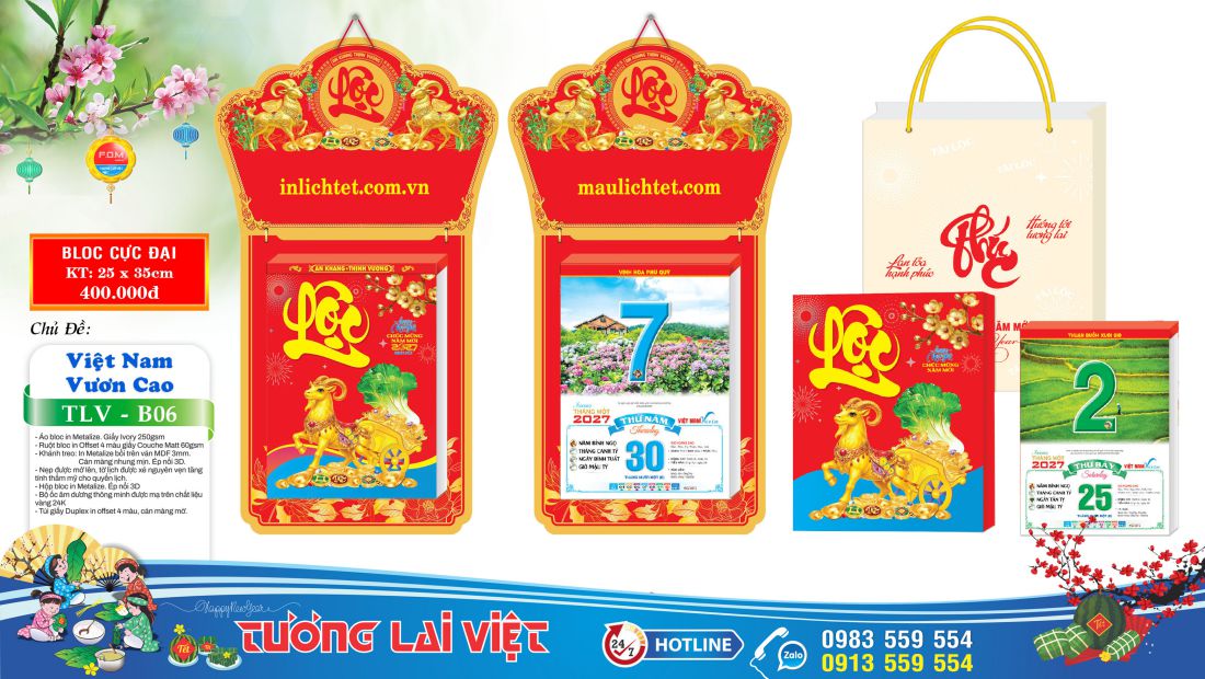 Mẫu Lịch bloc cực đại 25x35 Chữ Lộc